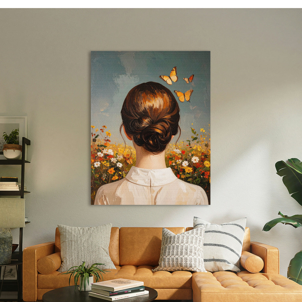 Breng rust en warmte in uw interieur met dit stijlvolle canvasdoek van een vrouw van achteren, omringd door bloemen en vlinders. De zachte kleuren, verfijnde details en romantische uitstraling zorgen voor een serene en dromerige sfeer in iedere ruimte. Het kunstwerk straalt elegantie en rust uit en past perfect binnen een modern, landelijk of klassiek interieur.
