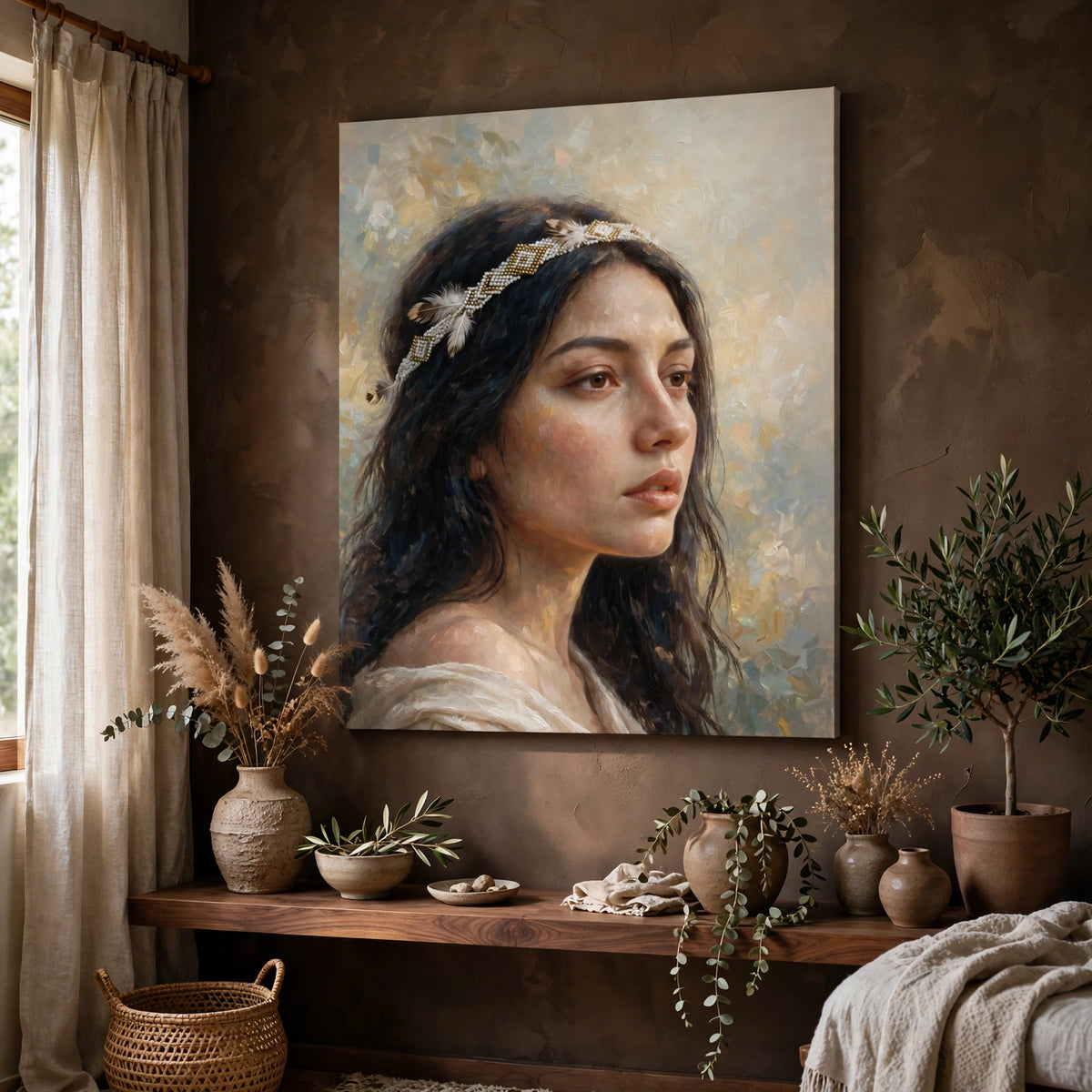 Stille Blik canvas boven de bank in een lichte boho-woonkamer met naturel tinten