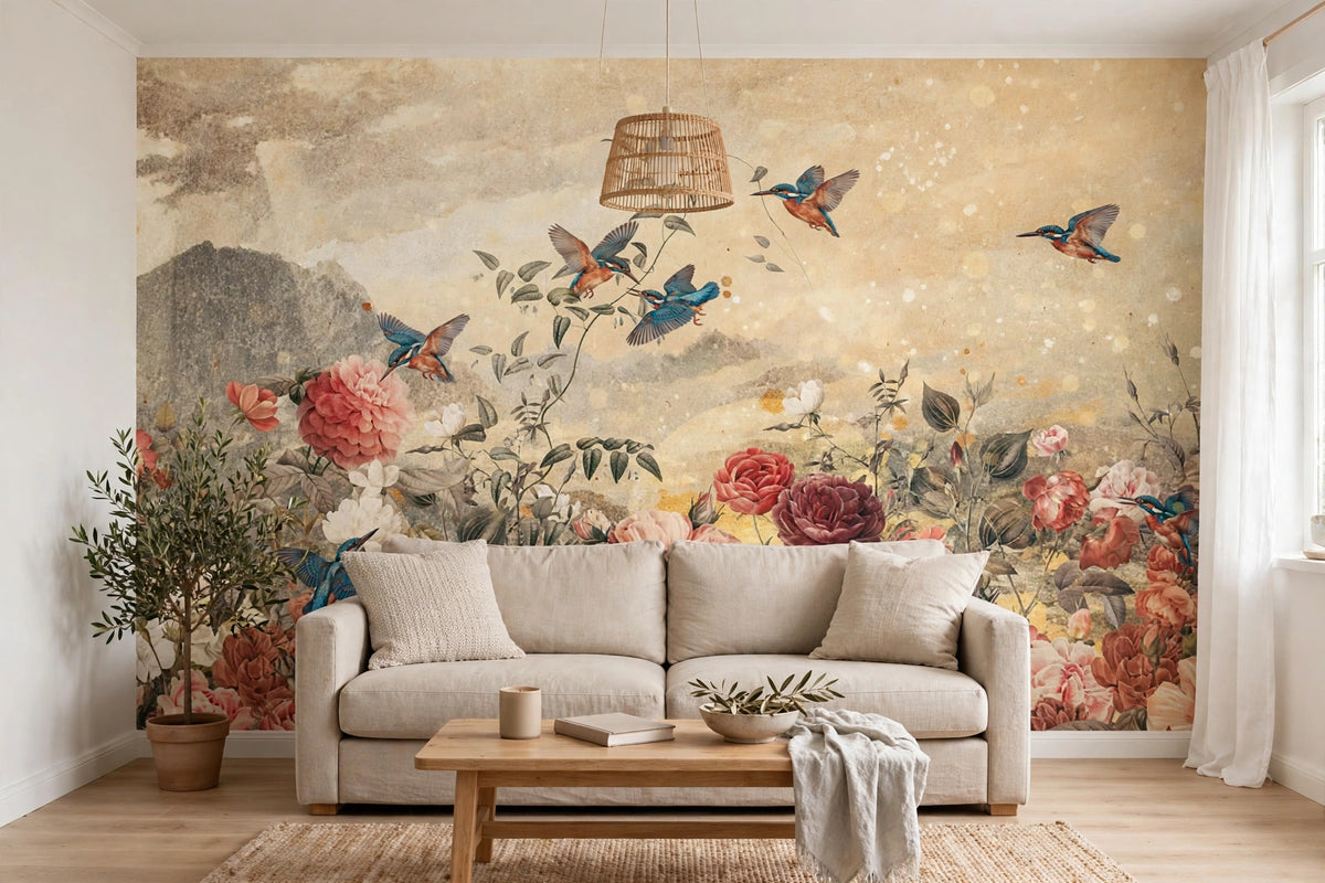 Fotobehang Pioenrozen en IJsvogels Vintage in een woonkamer