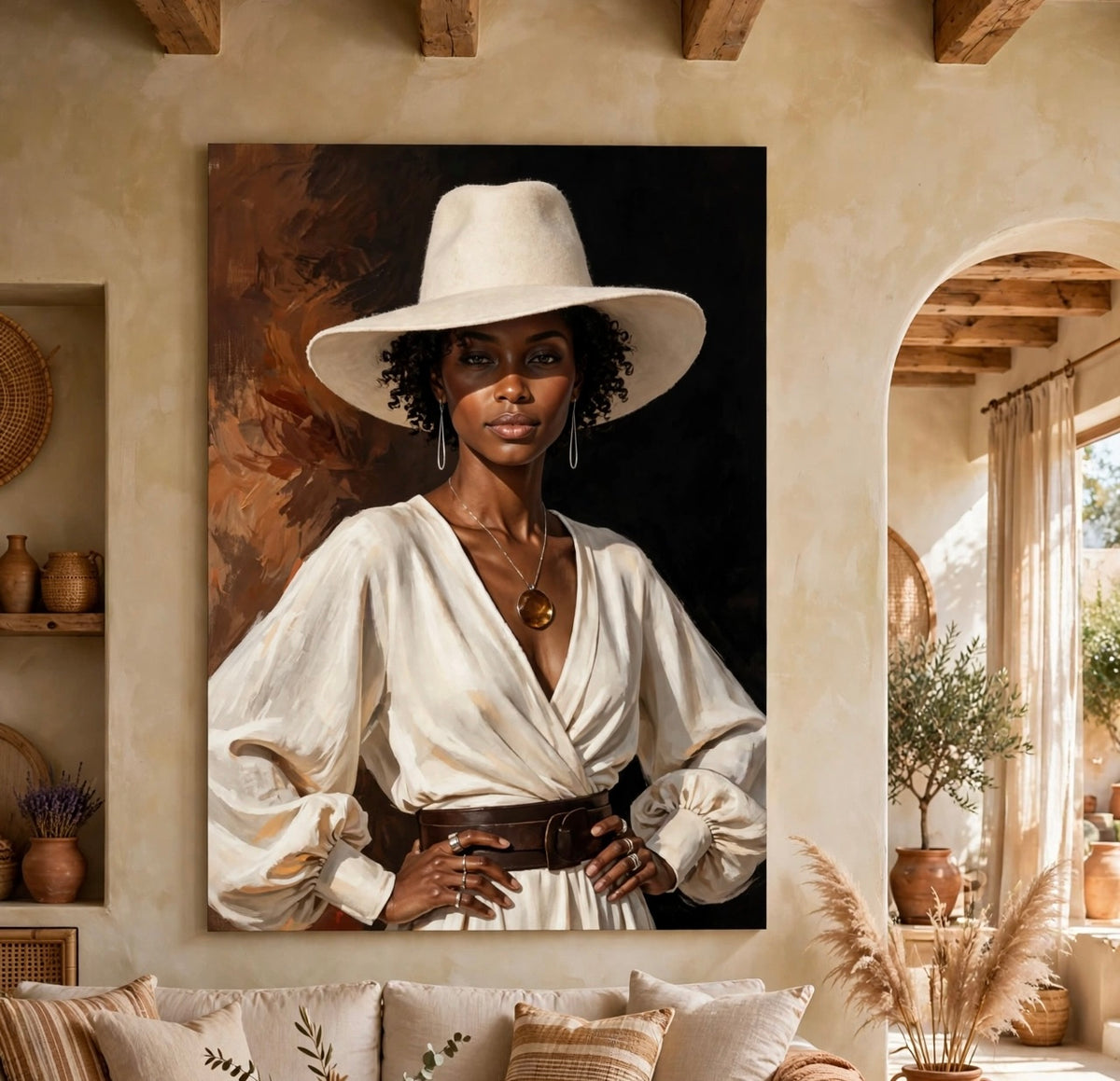 Dame in Ivoor canvas aan de muur in een sfeervol interieur