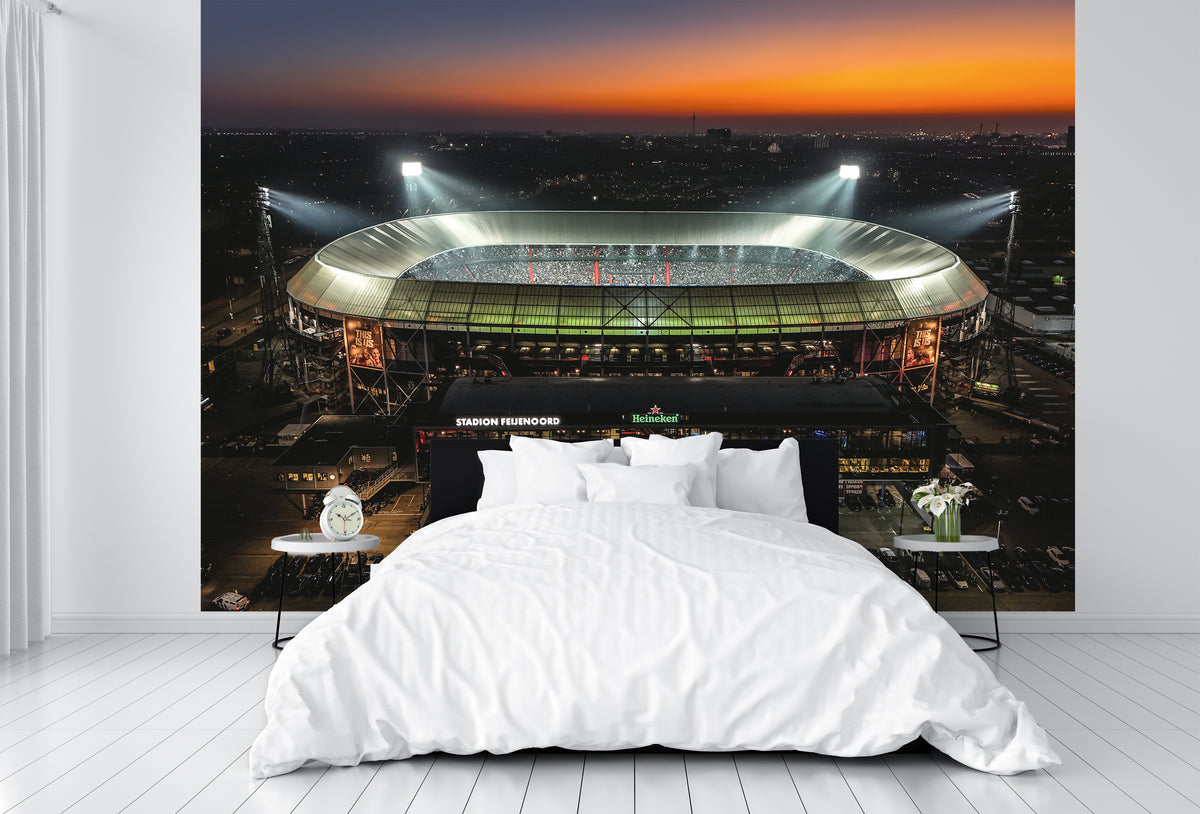Fotobehang De Kuip Rotterdam No1: stadion De Kuip boven een bed in een slaapkamer