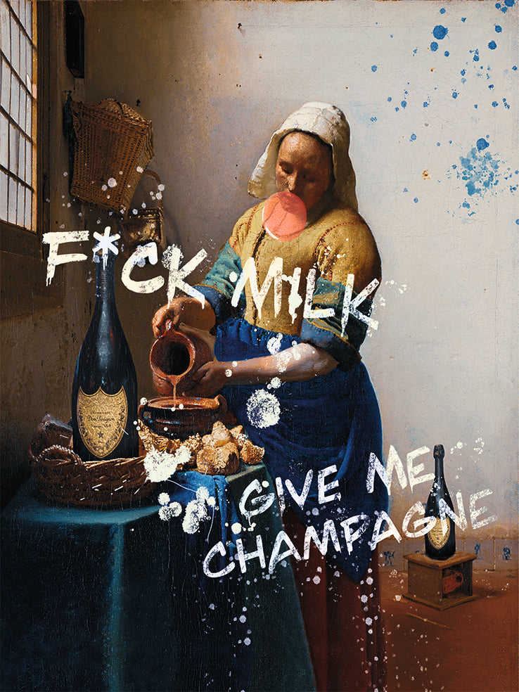 Poster F*ck Milk Het Champagne Meisje, het Melkmeisje met kauwgombel en champagne met de tekst 'F*ck milk, give me champagne'