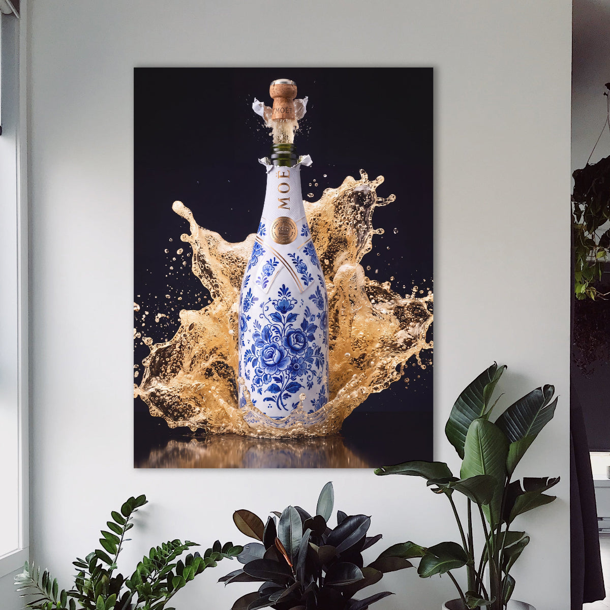 Poster Pop the Bottle aan de muur tussen planten