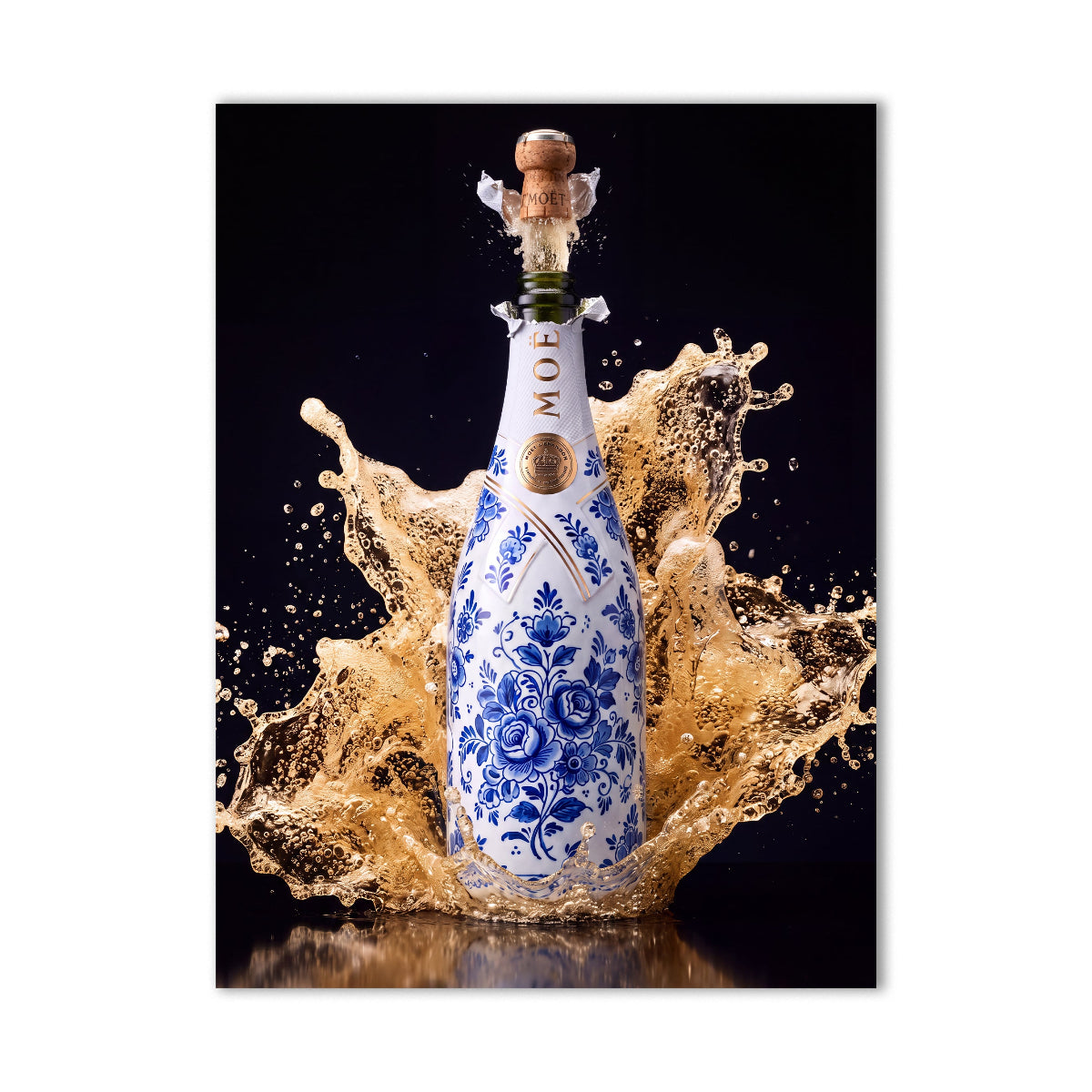 Poster Pop the Bottle, Delfts blauwe champagnefles met gouden splash