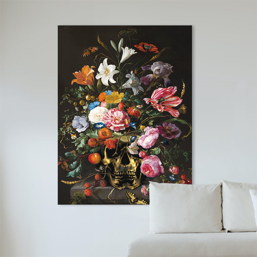 Poster Flower Skull – schedel met bloemen in donkere tinten