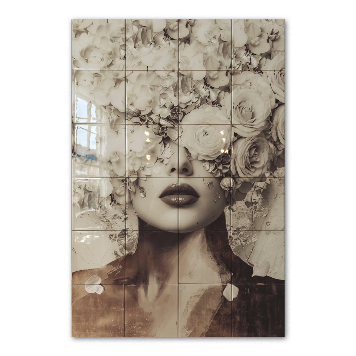 Tegeltableau Flower Woman in hoogglans, vrouw met witte rozen voor haar ogen