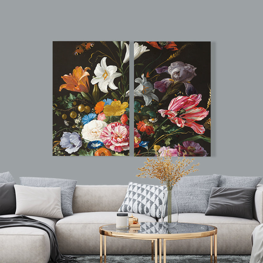 Canvas Stil Leven Bloemen tweeluik van 60 x 90 cm boven een bank