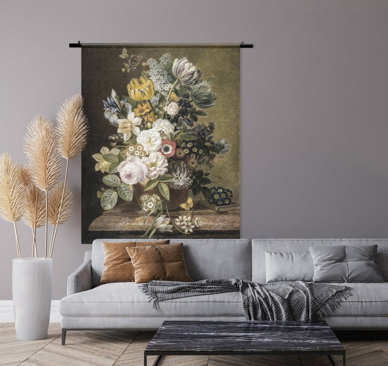Wandkleed Stil leven Vaas met Bloemen No2 – bloemstilleven in donkere tinten