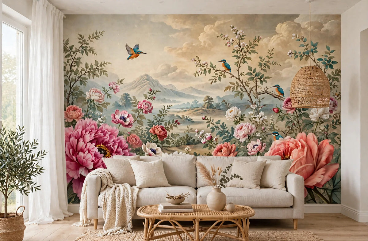 Fotobehang Pioenrozen en IJsvogels in een woonkamer