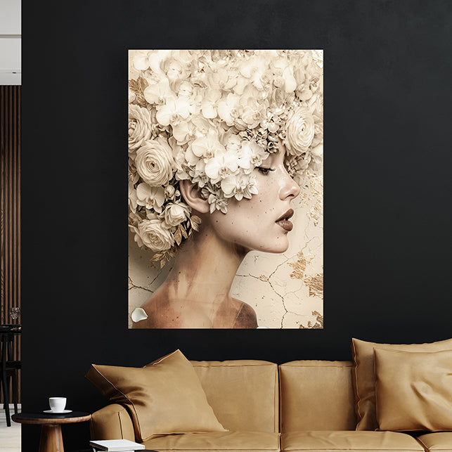 Sfeer beeld van een schilderij met een vrouw met witte bloemen op haar hoofd