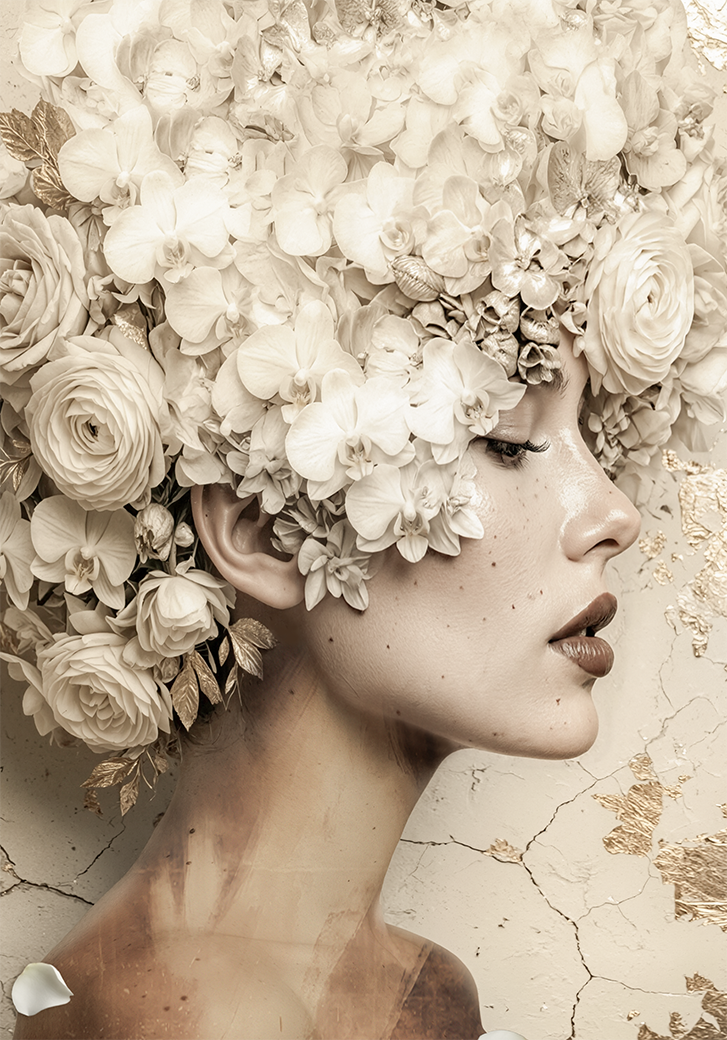 Zijaanzicht van een vrouw met witte bloemen en rozen op haar hoofd