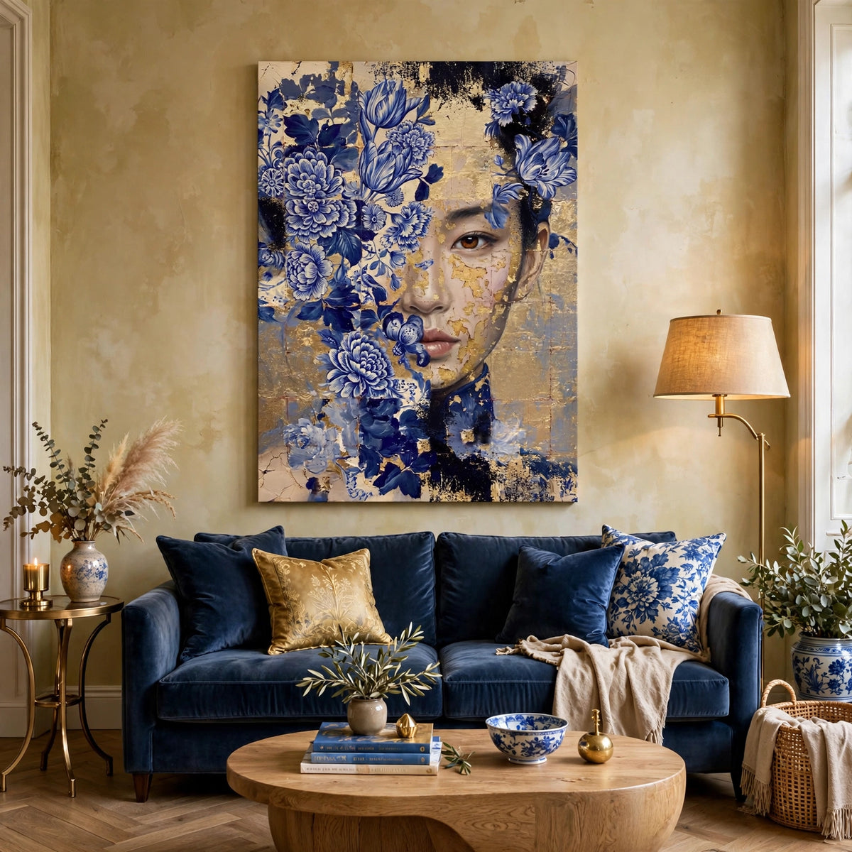 Poster Delfts Goud No1 boven een blauwe bank, vrouwengezicht met Delfts blauwe bloemen en bladgoud