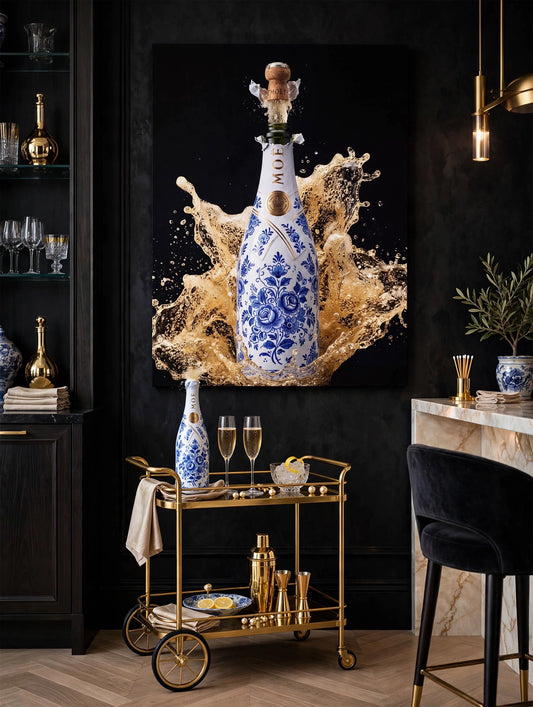 Poster Pop the Bottle, Delfts blauwe champagnefles met gouden splash, in een bar met een gouden barkarretje