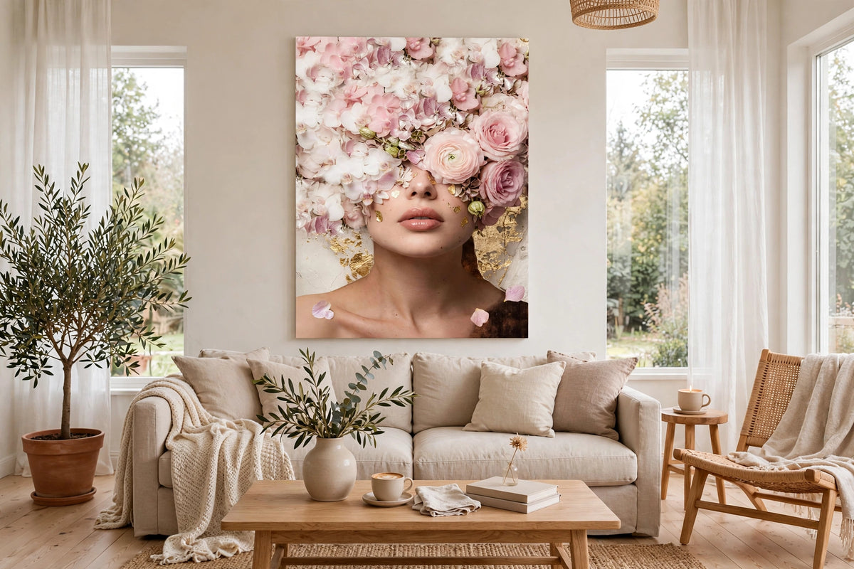 Bloemenkroon met Bladgoud canvas boven de bank in een lichte, sfeervolle woonkamer