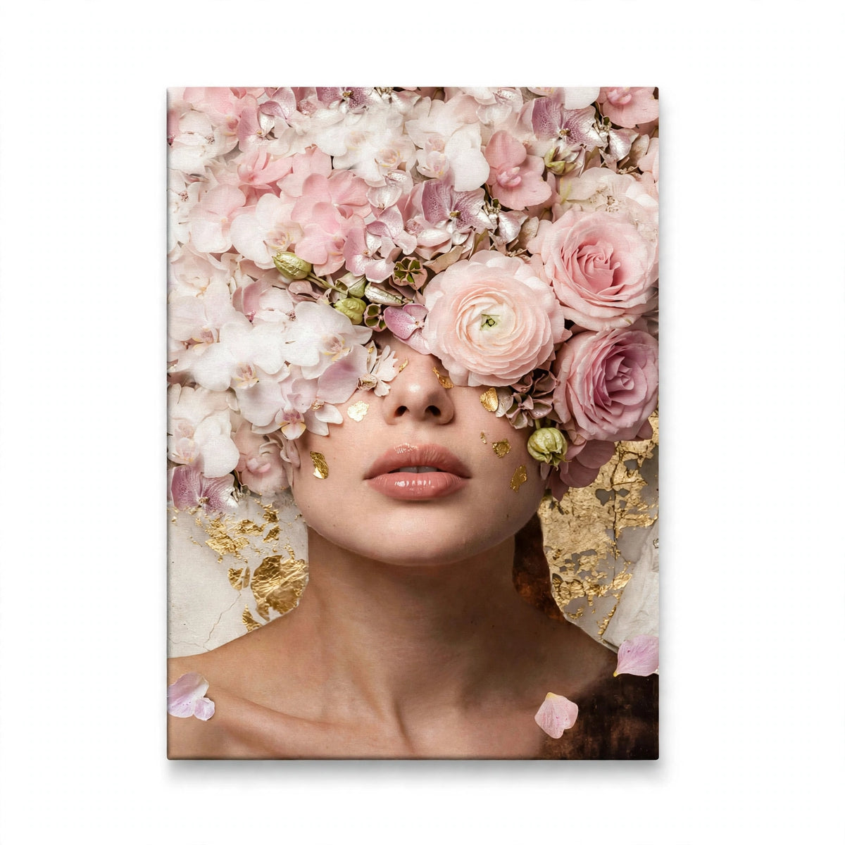 Bloemenkroon met Bladgoud, canvas van een vrouwenportret met roze rozen, orchideeën en bladgoud