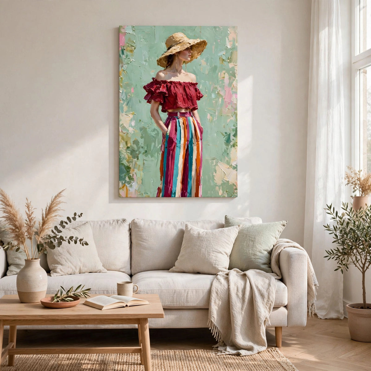 Zomer in Strepen, canvas van een vrouw met strohoed, rode ruchestop en gestreepte broek tegen een mintgroene muur