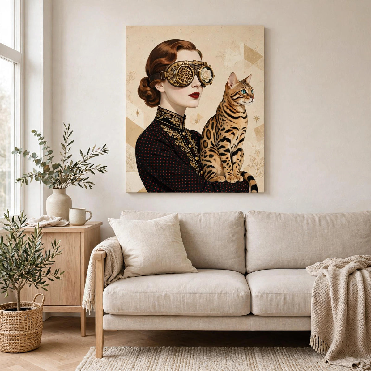 Dame met Bengaalse Kat canvas boven de bank in een lichte, sfeervolle woonkamer
