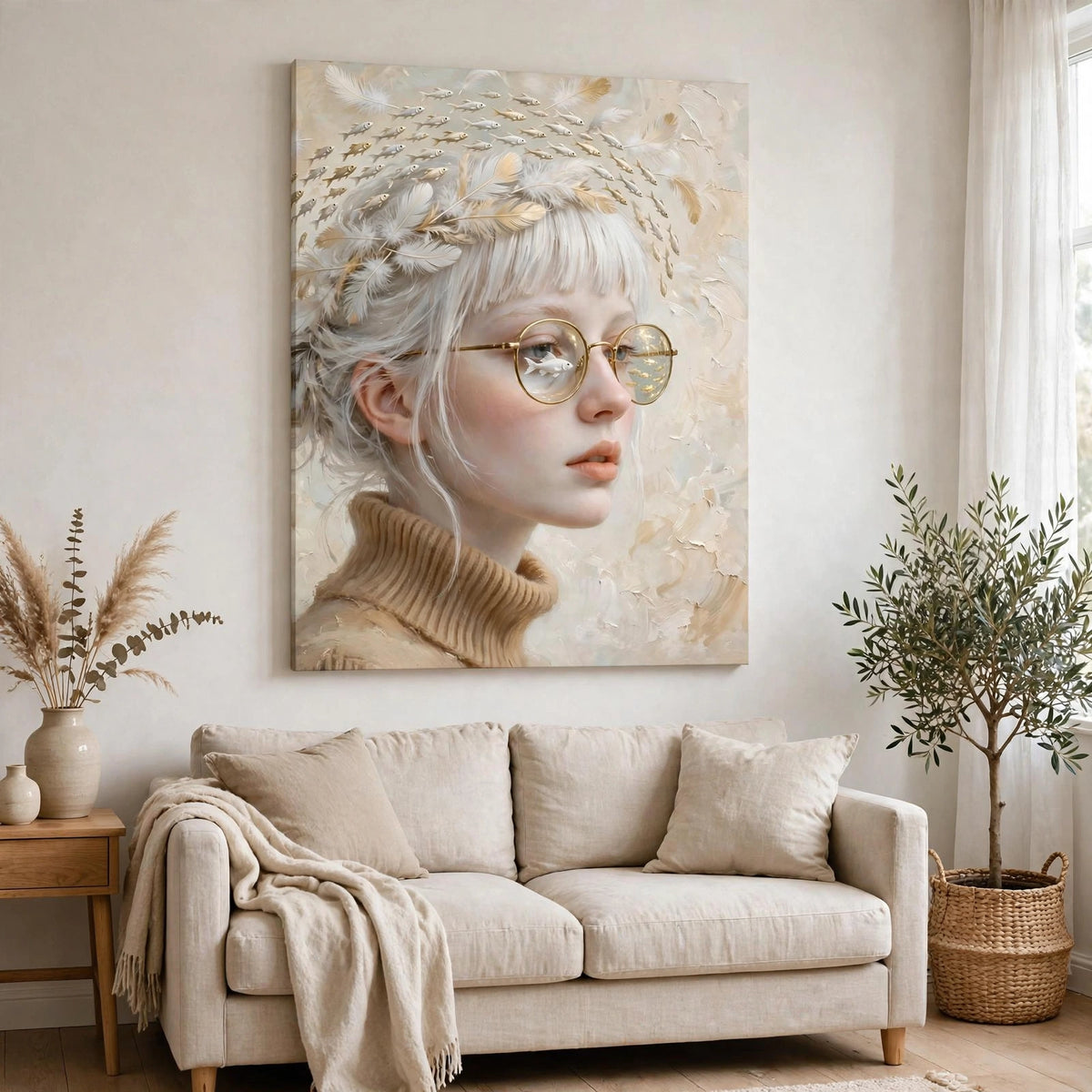Muze met Gouden Vissen, canvas van een vrouwenportret met wit haar, gouden bril, vissen en veren