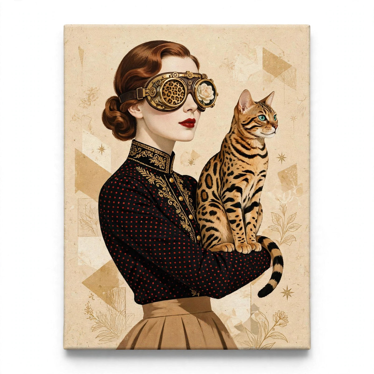 Dame met Bengaalse Kat, retro canvas van een vrouw met steampunkbril en een Bengaalse kat op haar arm