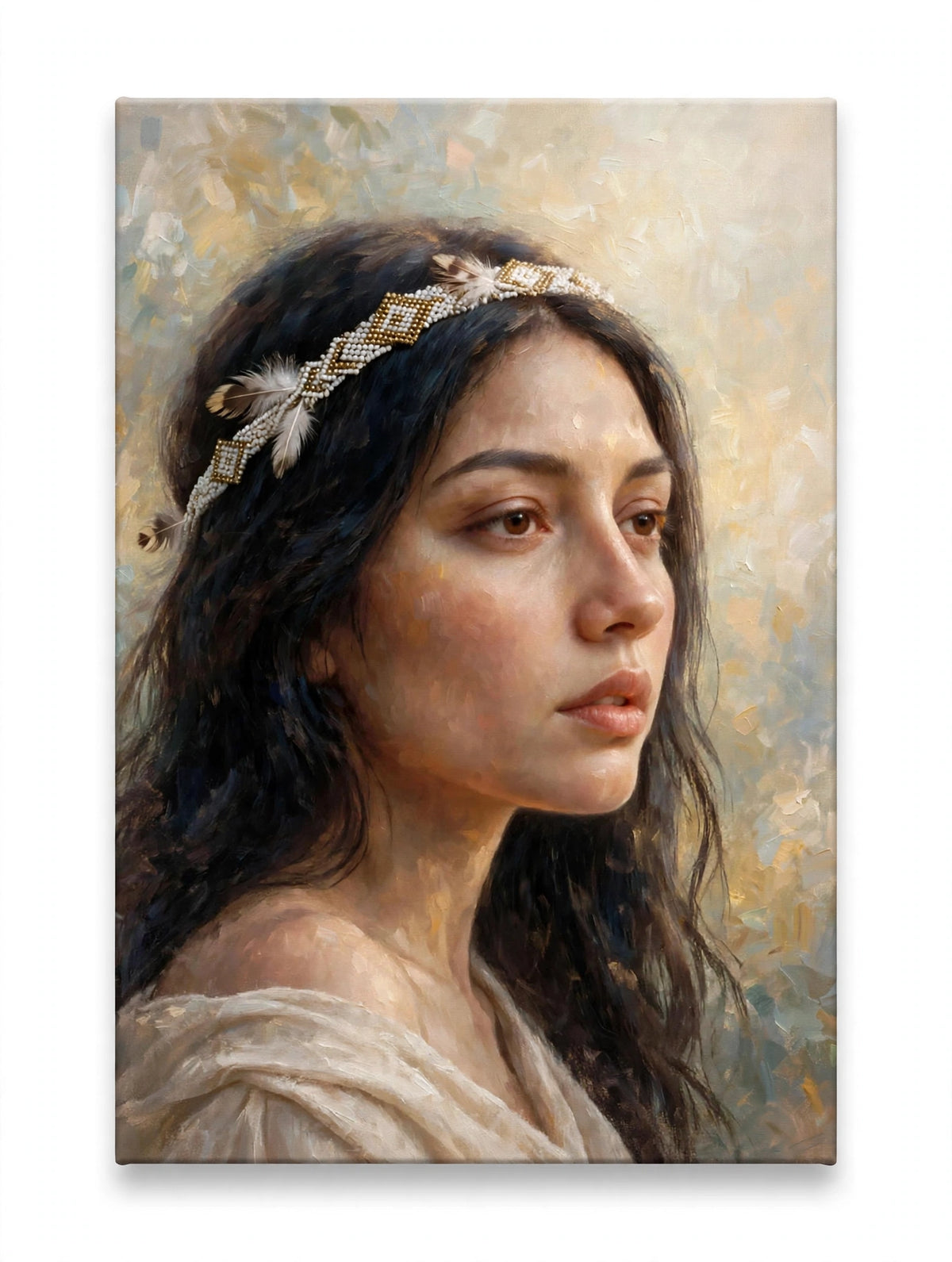 Stille Blik, canvas van een vrouw met lang zwart haar en een kralenband met veren in paletmesstijl