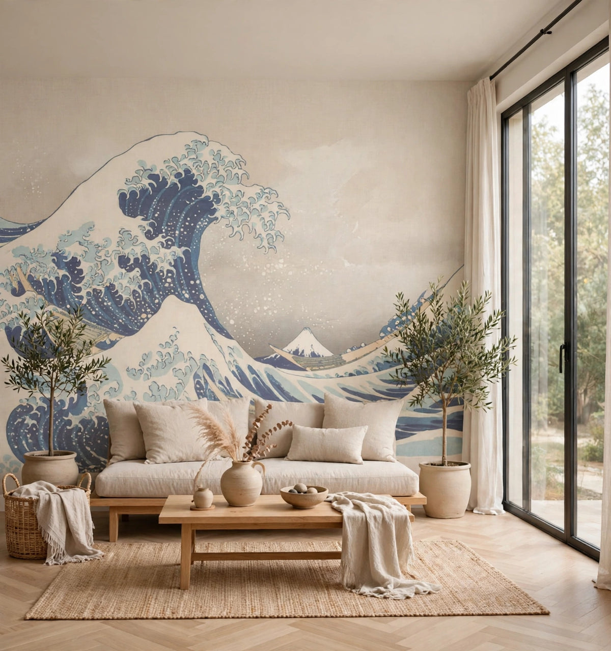 Fotobehang De grote Golf van Hokusai in een woonkamer