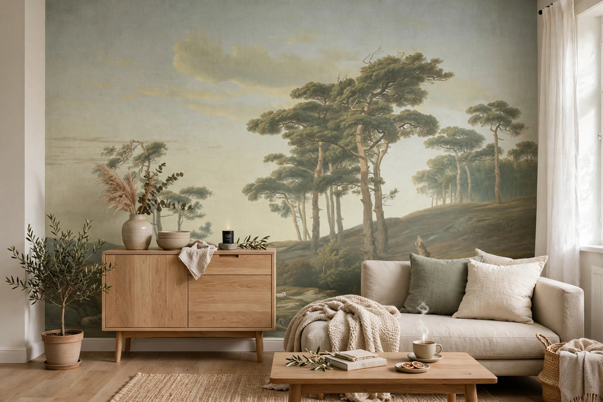 Fotobehang Dennen bij de beek in een lichte woonkamer