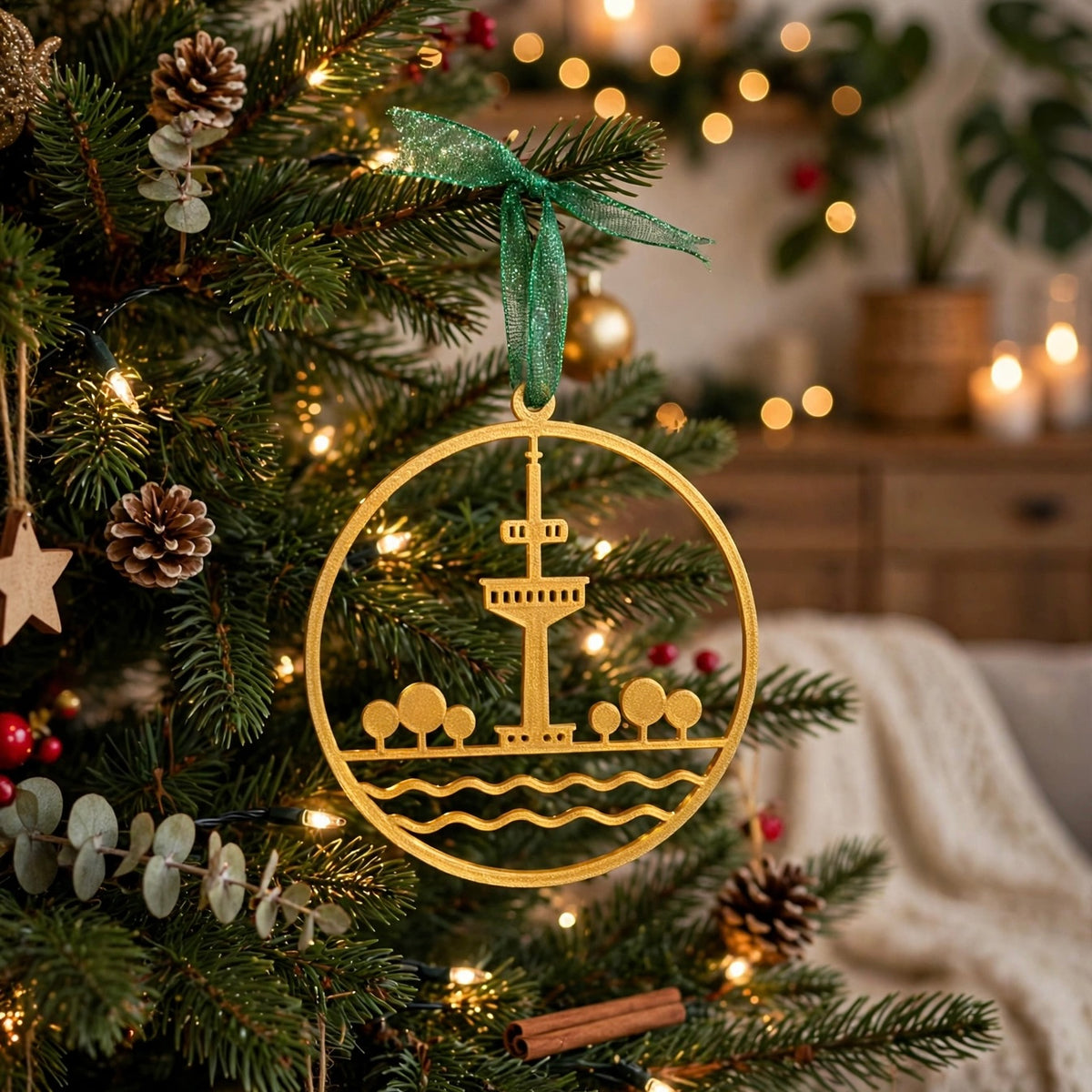Rotterdam Kersthanger Goud - Euromast / Erasmusbrug / De Hef / De Kuip - Duurzame 3D Kerstbal