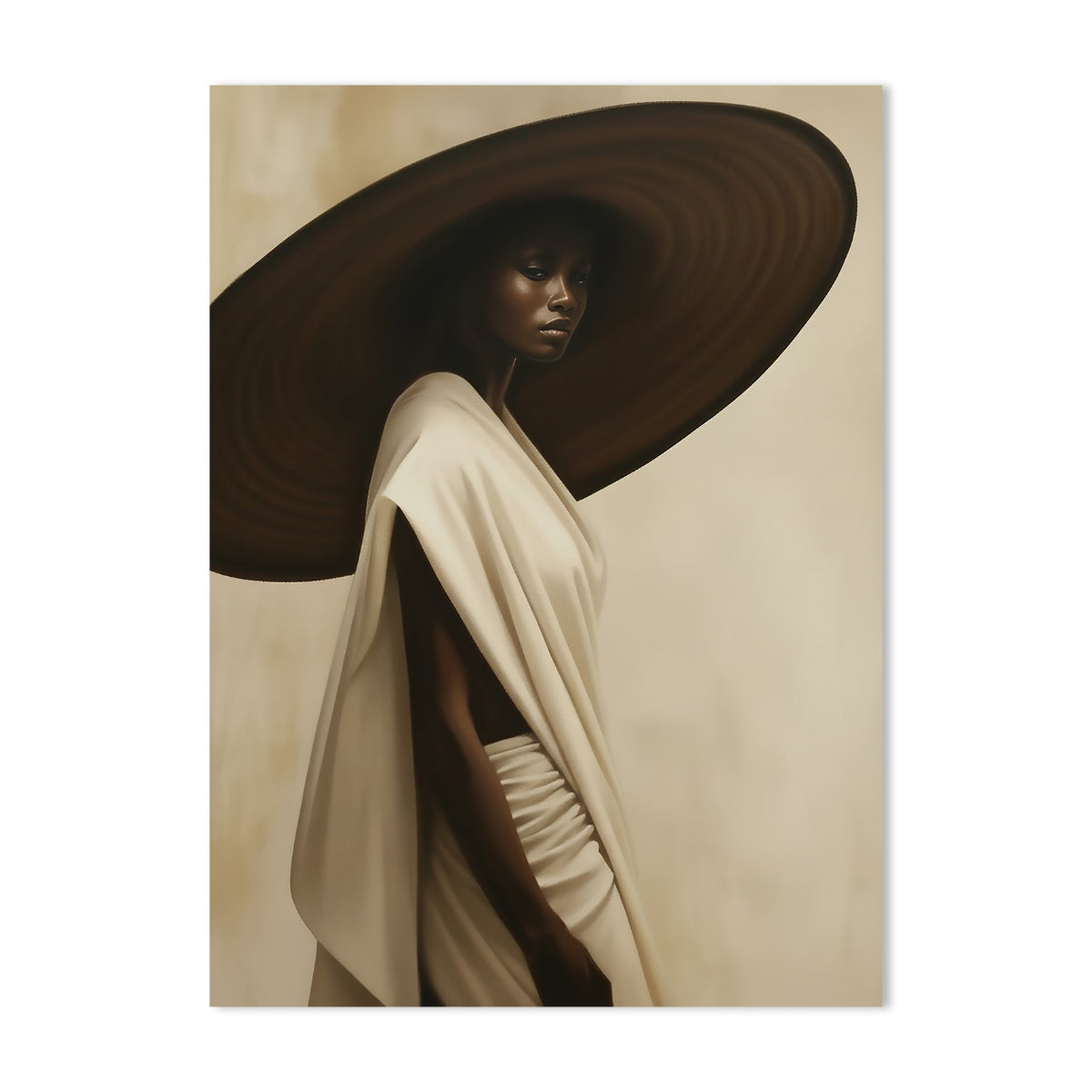 High fashion fine art schilderij van een krachtige vrouw met enorme sculpturale hoed in houtstructuur, elegante beige cape die dramatisch valt
