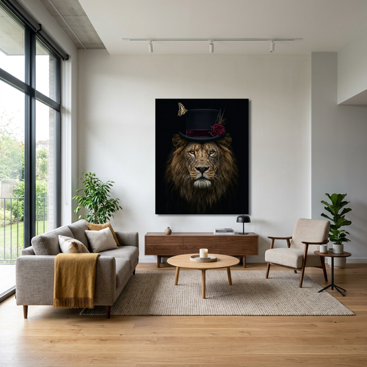 Stijlvolle Leeuw poster aan de muur in een sfeervol interieur