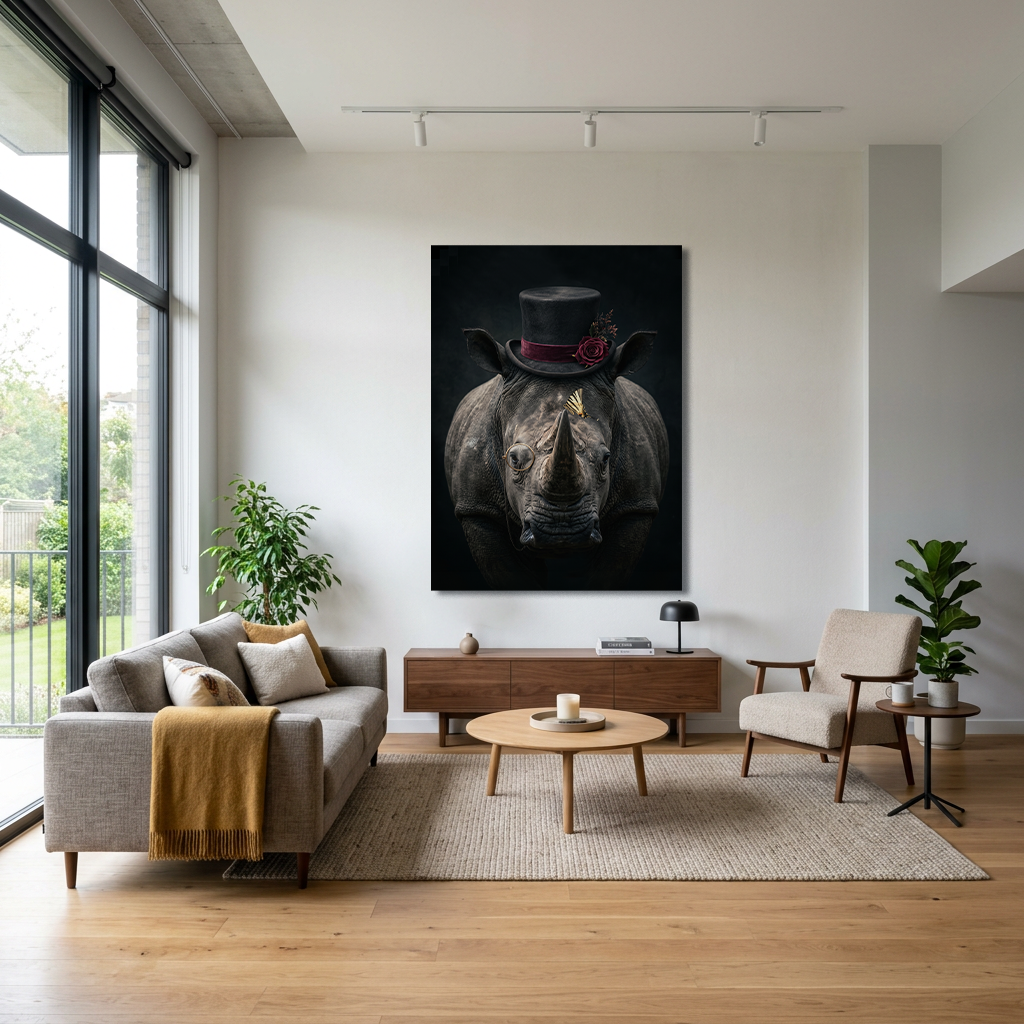 Stijlvolle Neushoorn poster aan de muur in een sfeervol interieur