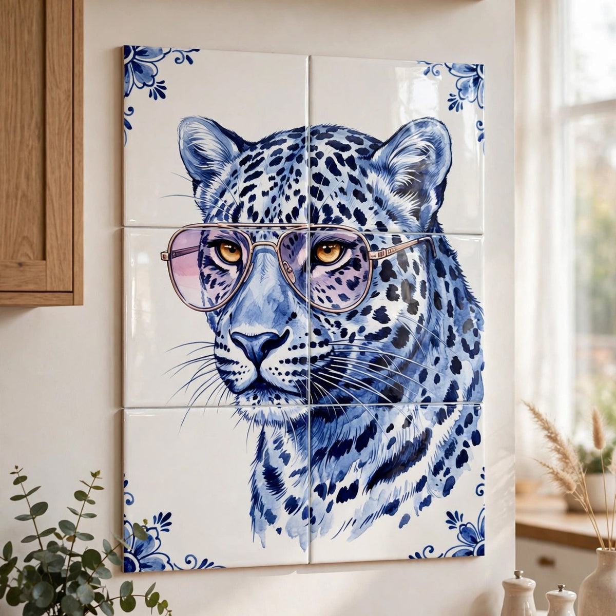 Tegeltableau - Delfts Blauw Luipaard