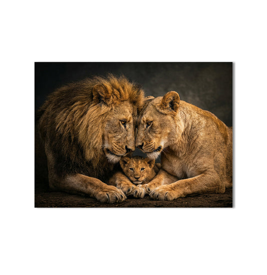 Indrukwekkend canvas van een leeuwenfamilie met welp – luxe wanddecoratie voor de woonkamer, beschikbaar in 1 tot 4 panelen.