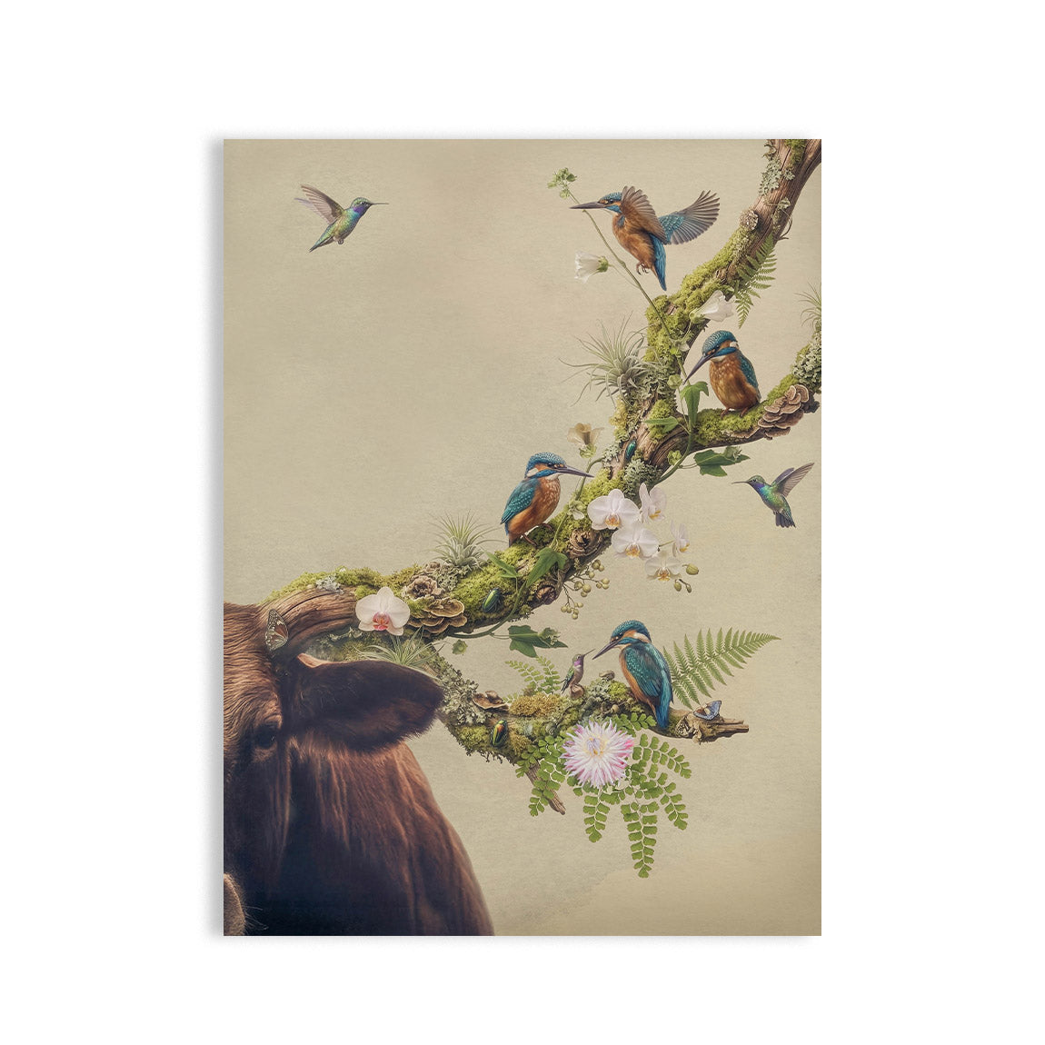 Dit schilderij toont een betoverende natuurcompositie waarin een met mos begroeide tak als een sierlijk gewei uit een hert lijkt te groeien. Op de tak zitten kleurrijke ijsvogels en zweven kleine kolibries tussen orchideeën, varens en andere delicate bloemen. De zachte achtergrond en verfijnde details geven het geheel een rustige, dromerige sfeer, waarin natuur en fantasie harmonieus samenkomen.