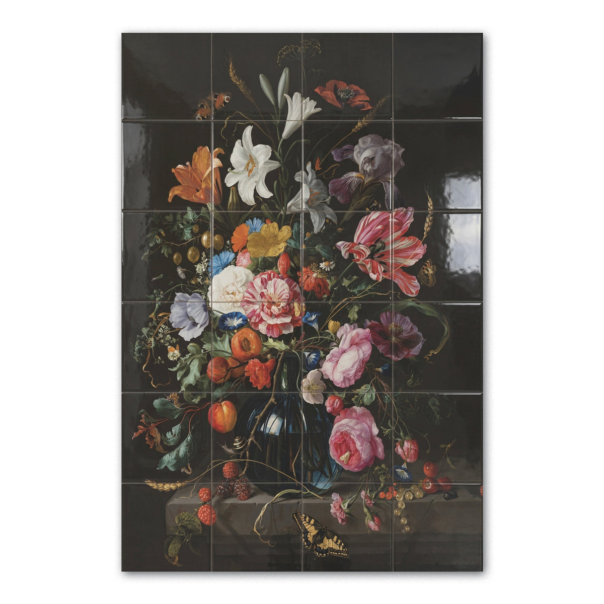 Tegeltableau Stil Leven Vaas met Bloemen in hoogglans, bloemstilleven op donkere achtergrond
