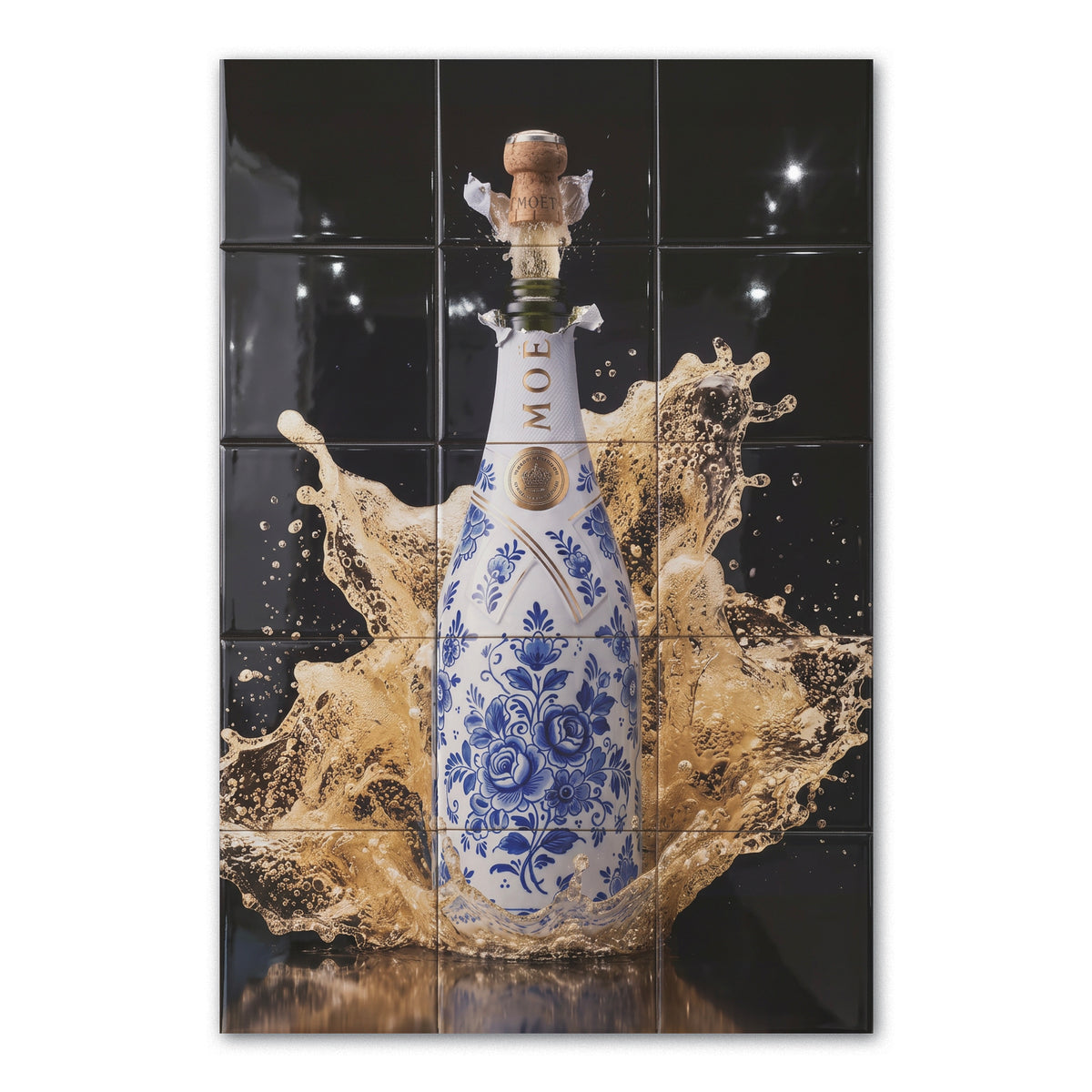 Tegeltableau Delfts Blauw Champagne in hoogglans, Delfts blauwe champagnefles met gouden splash