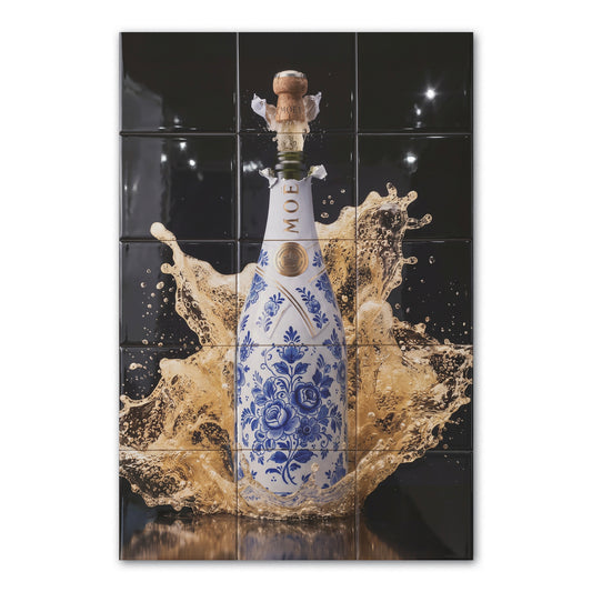 Tegeltableau Delfts Blauw Champagne in hoogglans, Delfts blauwe champagnefles met gouden splash