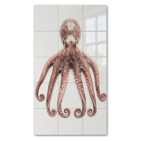 Tegeltableau Octo, octopus met gekrulde armen op witte tegels