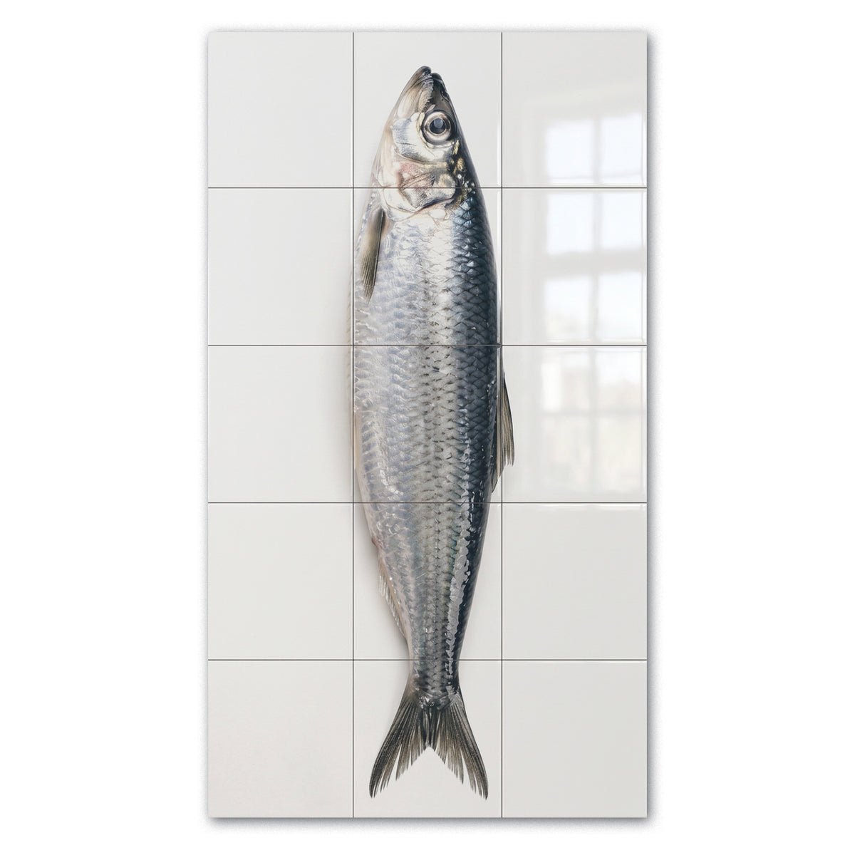 Tegeltableau Haring, zilveren haring op witte tegels