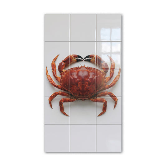 Tegeltableau Krab, rode krab met grote scharen op witte tegels