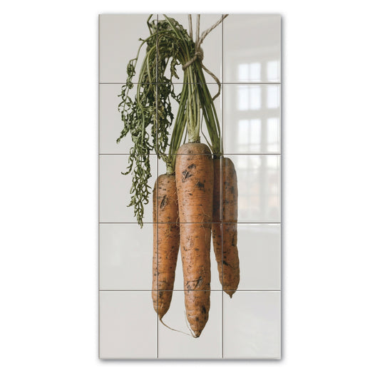 Tegeltableau Wortel, bosje wortels met loof op witte tegels