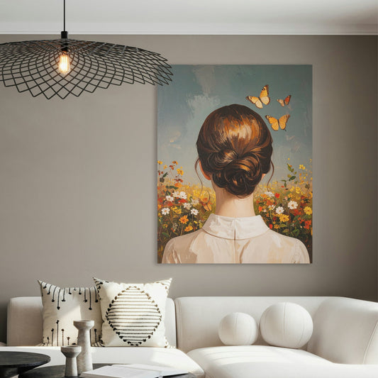 Breng rust en warmte in uw interieur met dit stijlvolle schilerij van een vrouw van achteren, omringd door bloemen en vlinders. De zachte kleuren, verfijnde details en romantische uitstraling zorgen voor een serene en dromerige sfeer in iedere ruimte. Het kunstwerk straalt elegantie en rust uit en past perfect binnen een modern, landelijk of klassiek interieur.