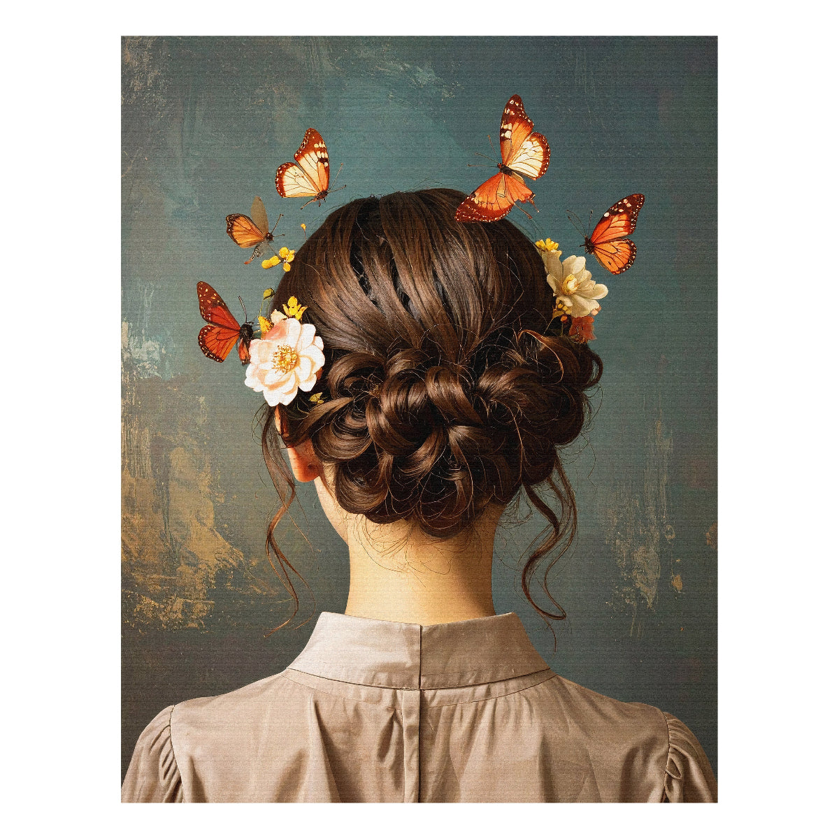 Breng rust en warmte in uw interieur met dit stijlvolle schilderij van een vrouw van achteren, omringd door bloemen en vlinders. De zachte kleuren, verfijnde details en romantische uitstraling zorgen voor een serene en dromerige sfeer in iedere ruimte. Het kunstwerk straalt elegantie en rust uit en past perfect binnen een modern, landelijk of klassiek interieur.