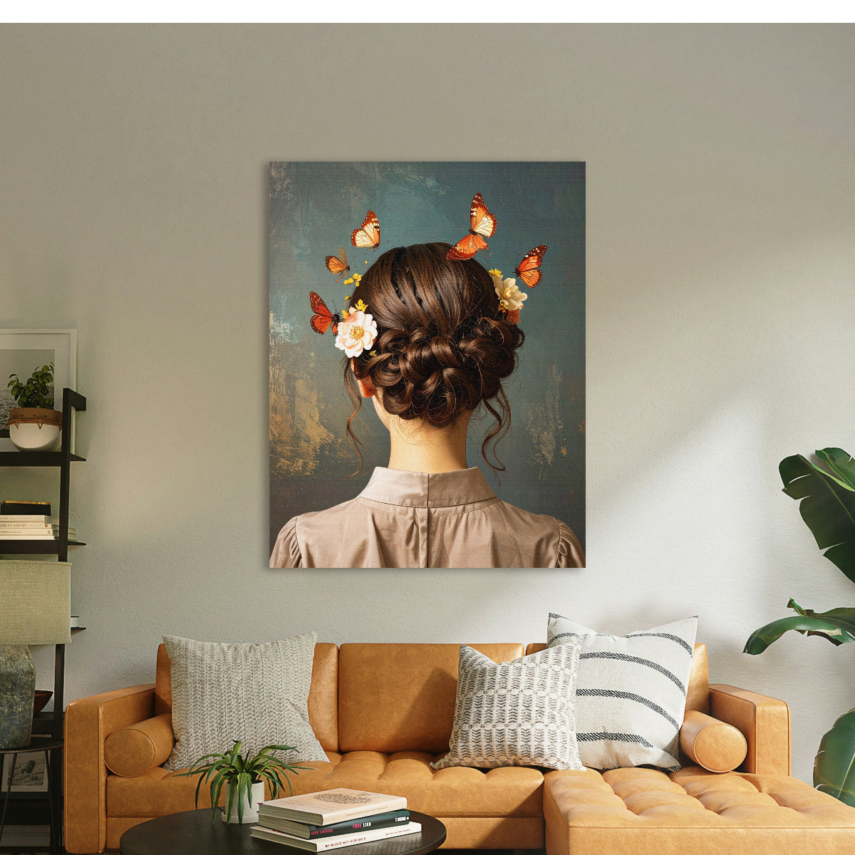 Breng rust en warmte in uw interieur met dit stijlvolle schilderij van een vrouw van achteren, omringd door bloemen en vlinders. De zachte kleuren, verfijnde details en romantische uitstraling zorgen voor een serene en dromerige sfeer in iedere ruimte. Het kunstwerk straalt elegantie en rust uit en past perfect binnen een modern, landelijk of klassiek interieur.