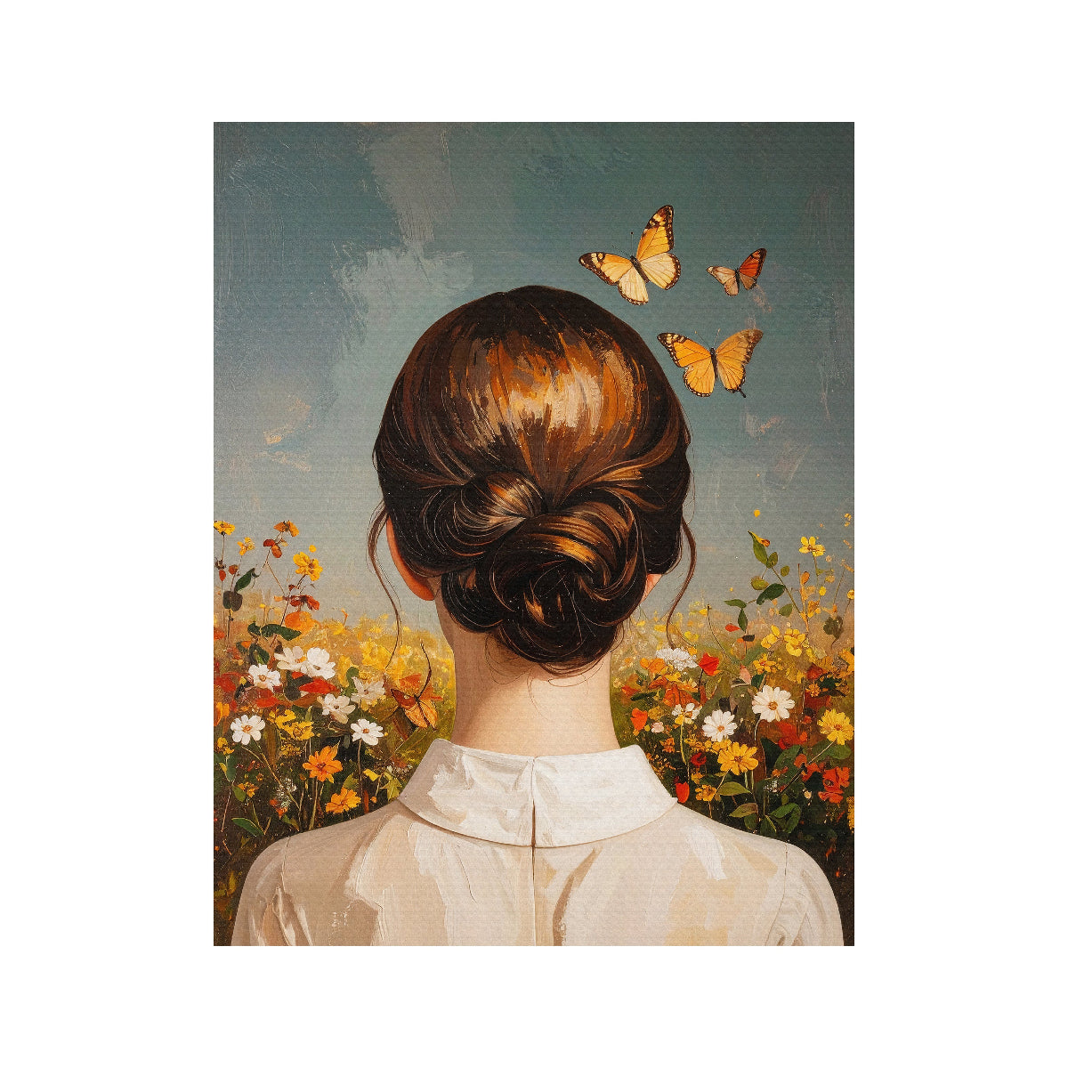 Breng rust en warmte in uw interieur met dit stijlvolle schilderij van een vrouw van achteren, omringd door bloemen en vlinders. De zachte kleuren, verfijnde details en romantische uitstraling zorgen voor een serene en dromerige sfeer in iedere ruimte. Het kunstwerk straalt elegantie en rust uit en past perfect binnen een modern, landelijk of klassiek interieur.