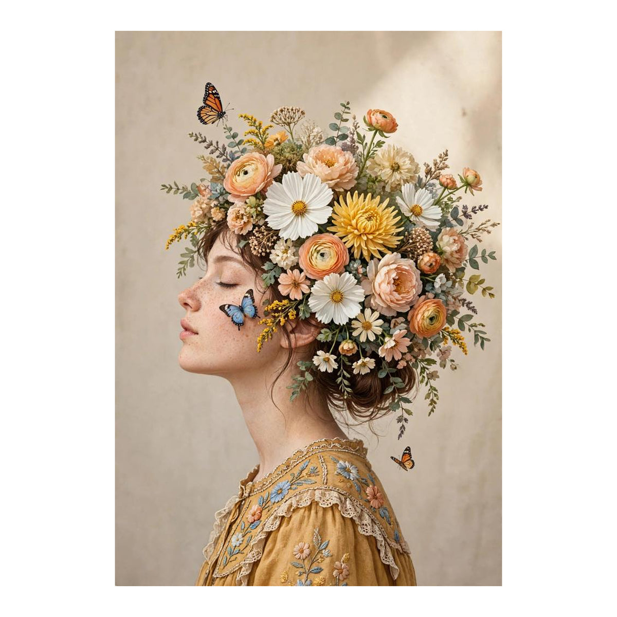 Bloesemdroom, canvas van een vrouw in profiel met een boeket bloemen als kapsel en vlinders
