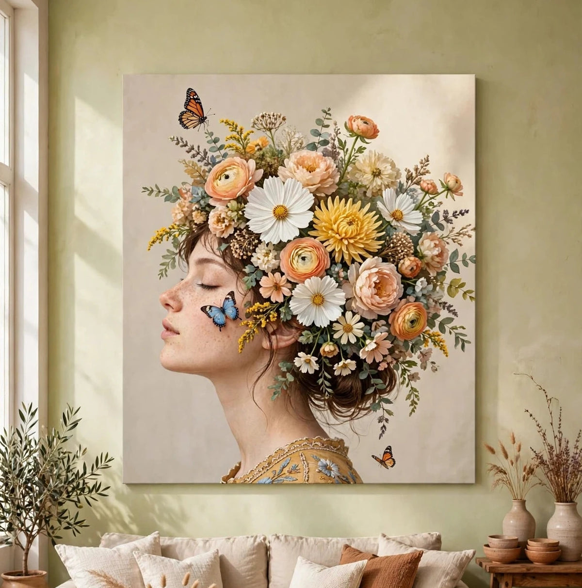 Bloesemdroom canvas boven de bank in een warme woonkamer met saliegroene muur