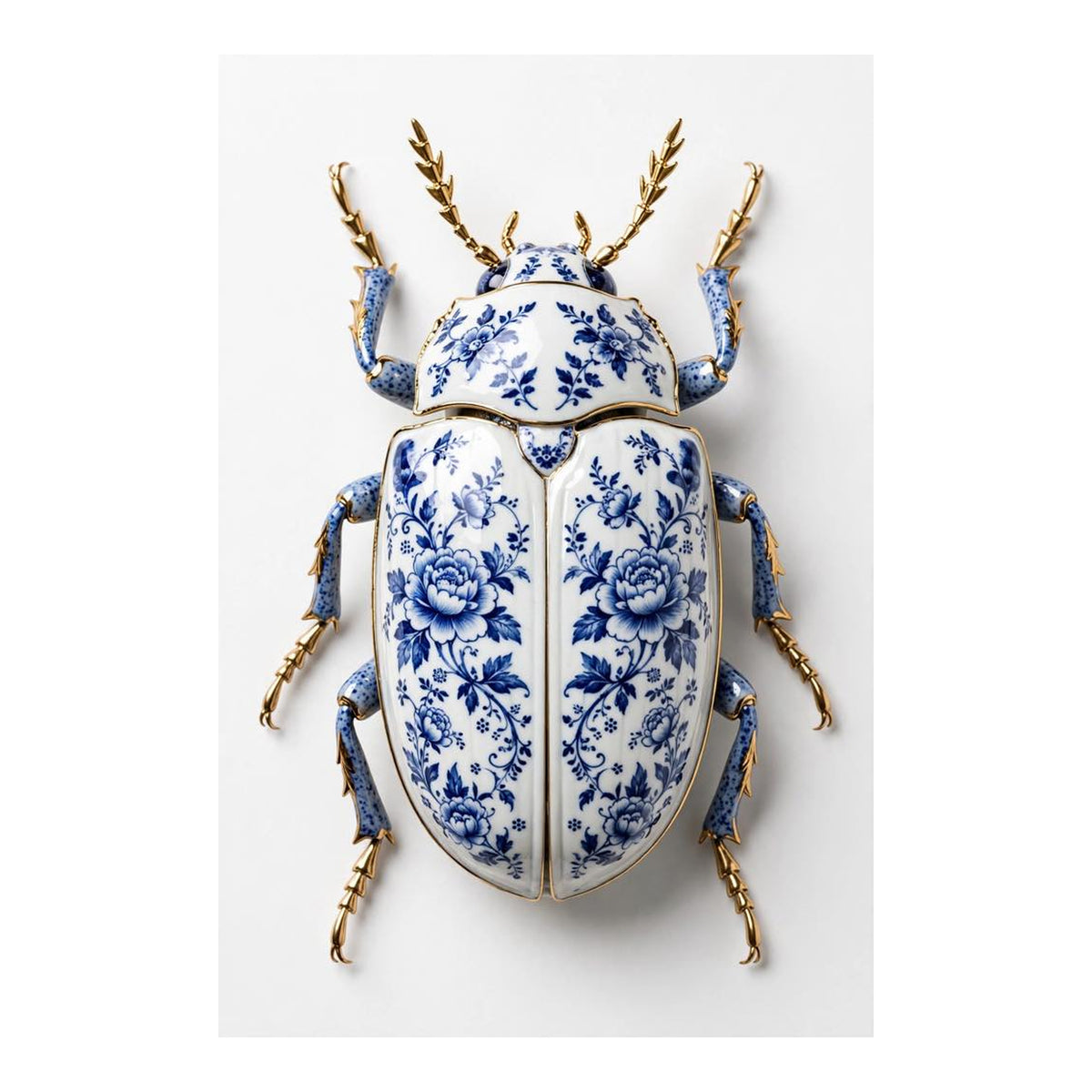 Delfts Blauwe Kever, canvas van een porseleinen kever met blauwe pioenrozen en gouden poten en sprieten