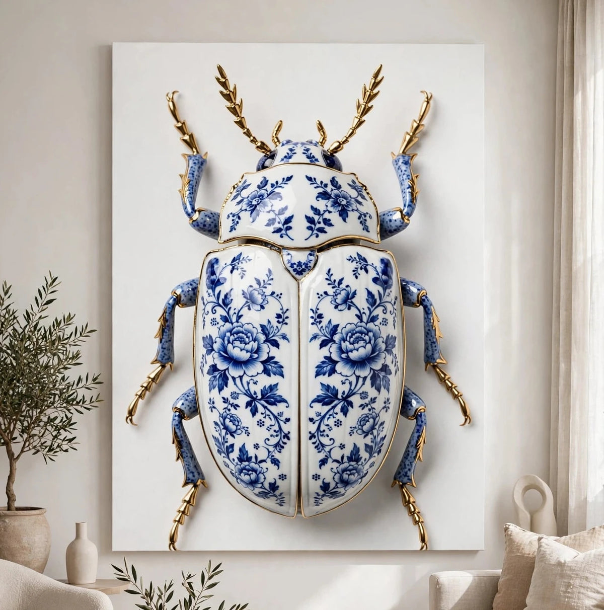 Delfts Blauwe Kever canvas boven de bank in een lichte, naturelle woonkamer
