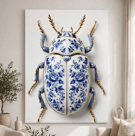 Delfts Blauwe Kever canvas boven de bank in een lichte, naturelle woonkamer