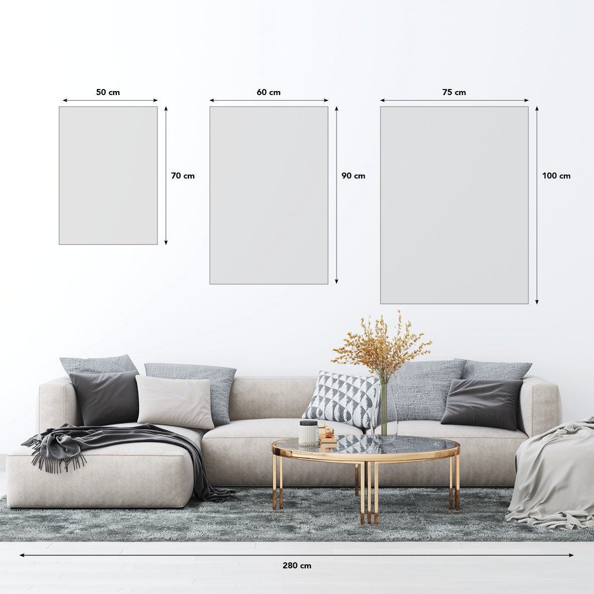 Formaatvergelijking Do more of what makes you happy: 50 x 70 cm, 60 x 90 cm en 75 x 100 cm op ware grootte boven een bank van 280 cm breed